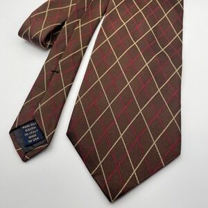 Brooks Brothers Pure Silk Woven Tie Made in USA Brown Red Gold Diamond Pattern